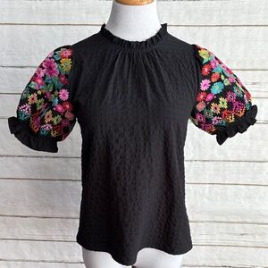 THML Black Puff Sleeve Top with Multicolor Floral Embroidery